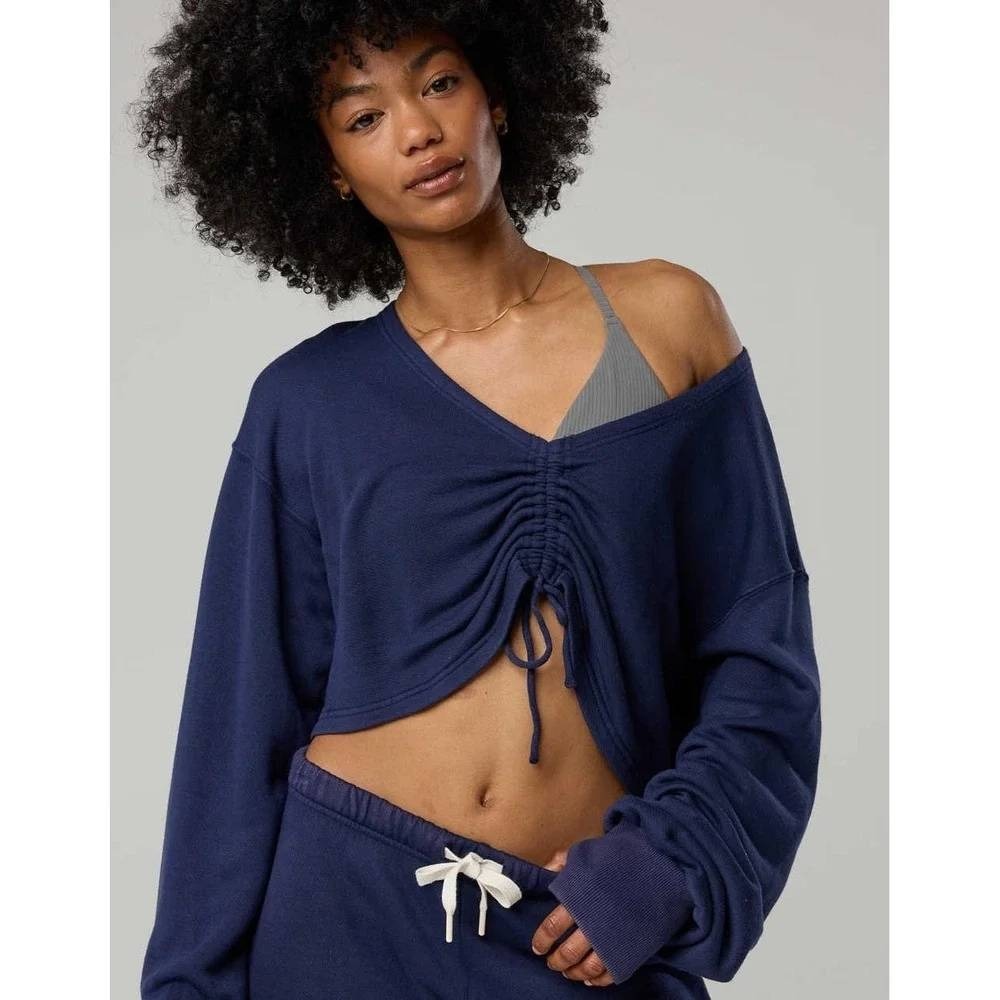 OFFLINE by Aerie Ruched Cinched Cropped Sweatshirt Womens L Navy Blue Terry Soft